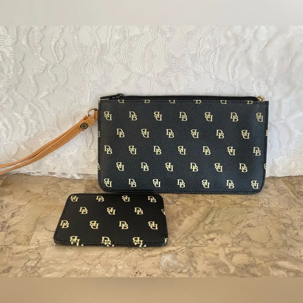 Dooney and Bourke Black and Gold Logo Wristlet Set